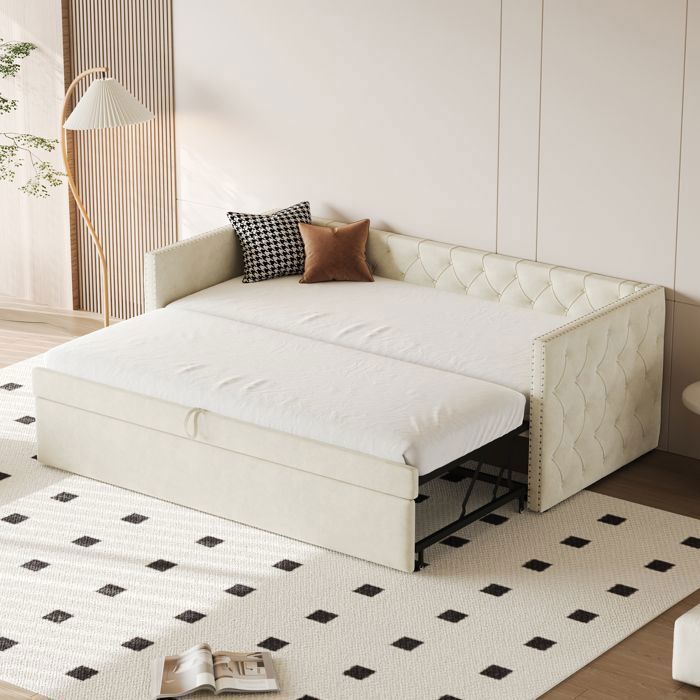 Canapé-lit En L Rembourré Velours Beige – 140x200 Cm + Lit Gigogne 90x190 Cm – Sans Matelas – Dossier Fleuri - 9
