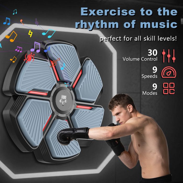 Macchina Da Boxe Musicale A Parete - Con Guantoni Inclusi, Luci LED Sincronizzate, Bluetooth, 9 Modalità Allenamento, Dimensioni 43x43x5 Cm Musical Boxing Machine