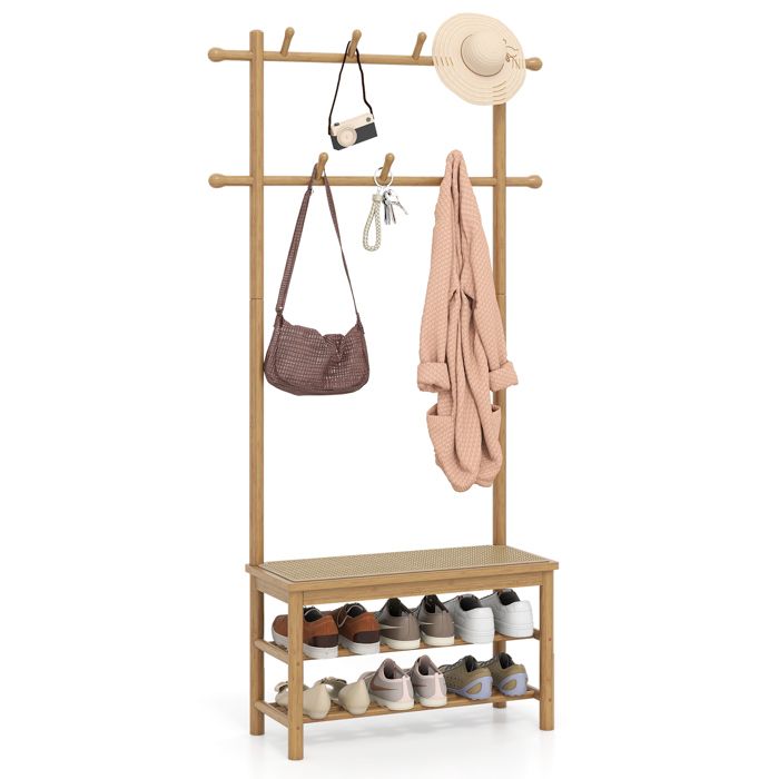 Porte-Manteau COSTWAY en Bambou en Rotin PE de Style Campagne avec Banc dEntrée - 2 Barres de Suspension 11 Crochets Naturel Porte-Manteau COSTWAY en Bambou en Rotin PE de Style Campagne avec Banc dEntrée - 2 Barres de Suspension 11 Crochets Naturel
