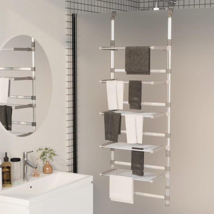 Séchoir à linge suspendu - vidaXL - 5 niveaux - Aluminium - Argent - 50x25 cm - Hauteur réglable 147-187 cm - Pliable