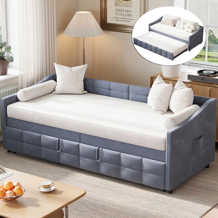 Canapé-lit 2 en 1 - LUMINARIX - Lit gigogne 90/180x200 cm - Velours gris - Confortable et modulable