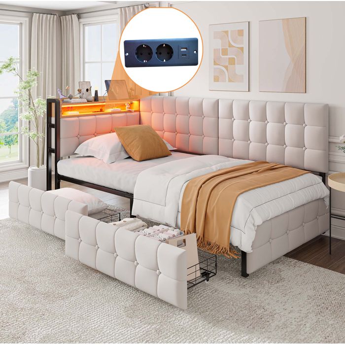 Lit banquette enfant 90×200 cm. LED. USB+Type C. avec 2 tiroirs. sommier tapissier. lit simple. sans matelas. beige