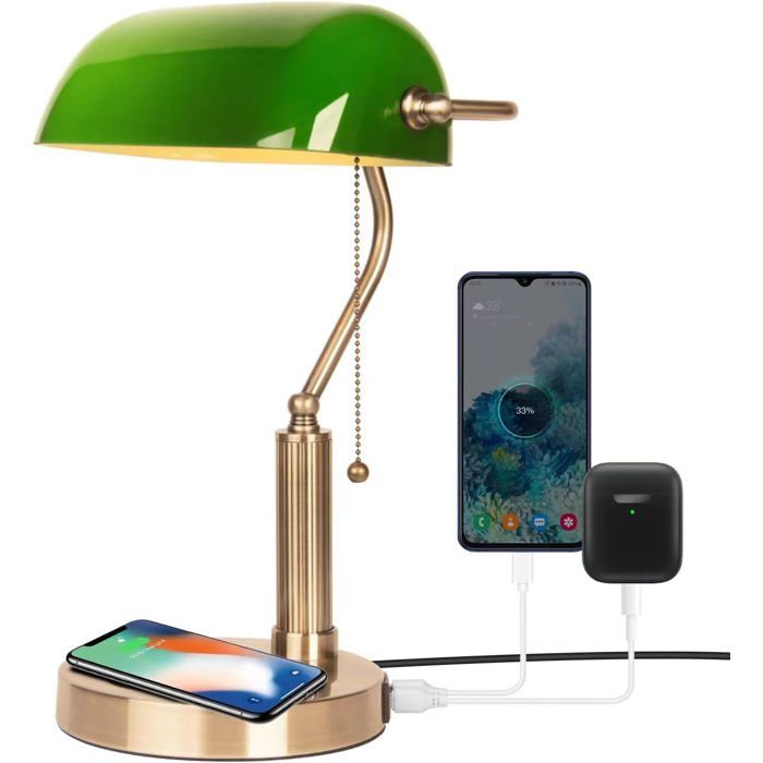Lampe de bureau de banquier verre vert rétro base en laiton style rétro classique avec chargement sans fil et port USB.