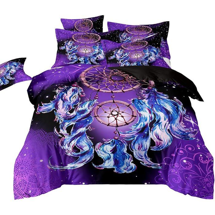 Housse de Couette Attrape-rêves Violet 200x200 cm Lot 2 Pièces Imprimé Plumes Literie Bohême pour Enfant PARURE DE COUETTE