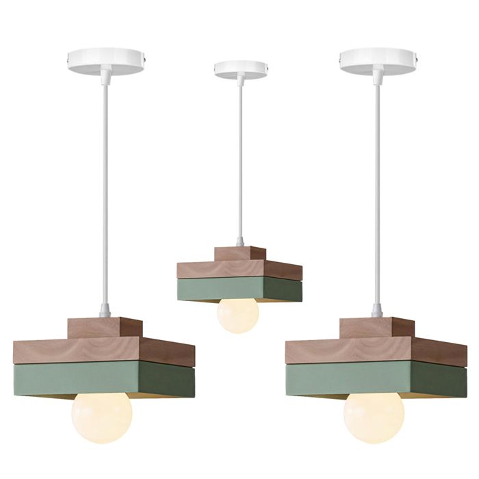 iDEGU 3pcs Lustre Suspension Moderne 18cm Vintage Suspension Luminaire Industriel Abat-jour en Bois Design Carre E27 Plafonnier Vert