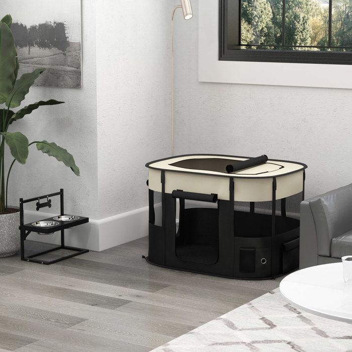 MOTHINESSTO2423-Parc enclos pliable pour chien chat petits animaux en tissu Oxford avec rangement 94 x 74 x 60 cm blanc crème et noi