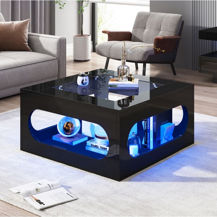Table basse carrée noire avec plateau en verre trempé LED et rangement central
