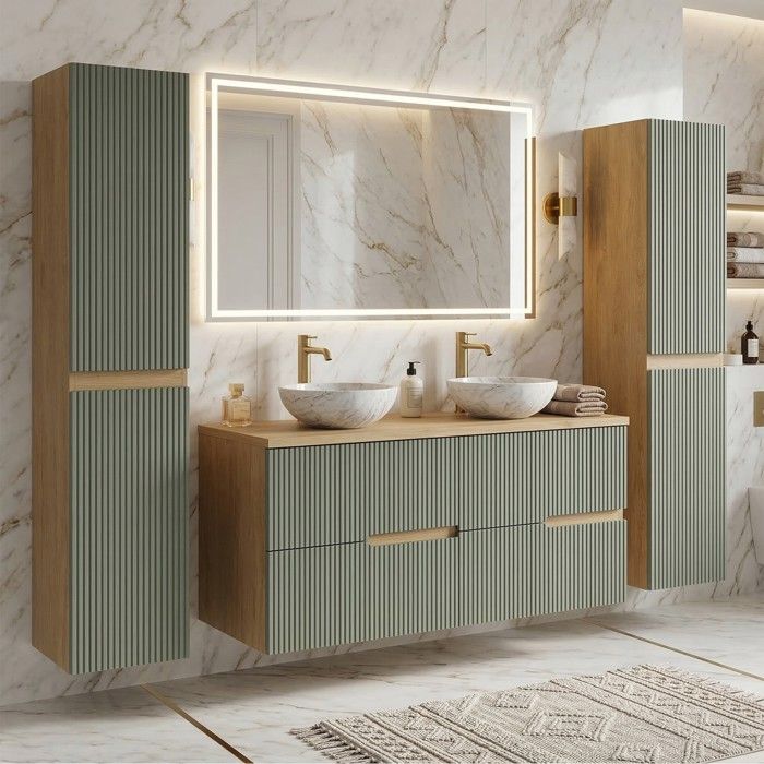 Ensemble meuble double vasque à poser L. 120 cm + 2 colonnes Chêne naturel 4 tiroirs Vert sauge cannelé EVA Ensemble meuble double vasque à poser L. 120 cm + 2 colonnes Chêne naturel 4 tiroirs Vert sauge cannelé EVA