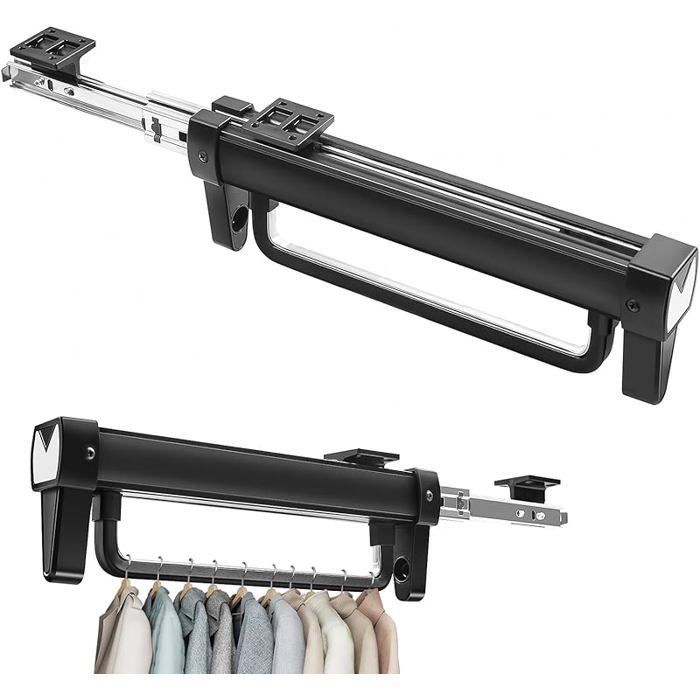 Tringle Penderie Extensible 31 cm Rétractable Double Piste Noir Nylon Acier Laminé à Froid Alliage Aluminium