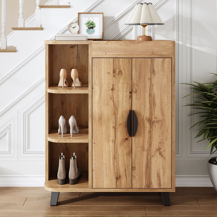 Meuble à Chaussures Étroit avec 2 Portes Étagères Ouvertes et Rangement Supérieur Meuble d’Entrée - Effet Bois Naturel Meuble à Chaussures Étroit avec 2 Portes Étagères Ouvertes et Rangement Supérieur Meuble d’Entrée - Effet Bois Naturel