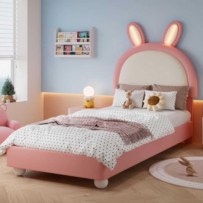 Lit simple combine tête de lit en forme doreilles de lapin avec bandeau lumineux LED rose et blanc 90 x 200 cm