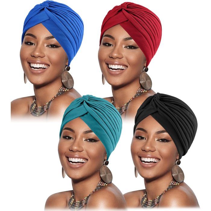 Bonnet Chapeau 4 Pièces Turban Africain pour Femme Pré-noué Chimio Casquette de Perte de Cheveux