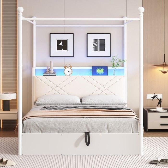 Lit Double Blanc Fer Forgé 140x190 Baldaquin Amovible LED USB-C Coffre Hydraulique Rangement Sous Lit Sans Matelas