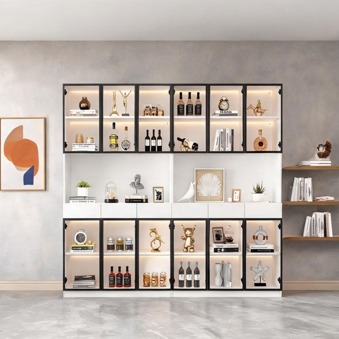 Vitrine haute 200 cm avec portes vitrées et éclairage LED panneaux de particules blanc cassé rangement modulable