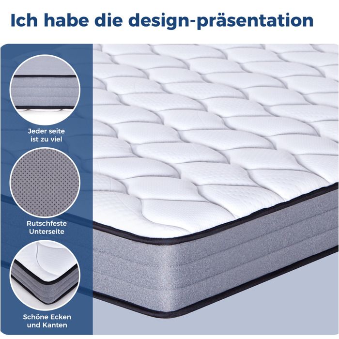 Matelas Ressorts Ensachés 1 Place 90 × 200 cm H3 7 Zones 20 cm - TCQPZ - Mousse Mémoire Lyocell Blanc et Gris
