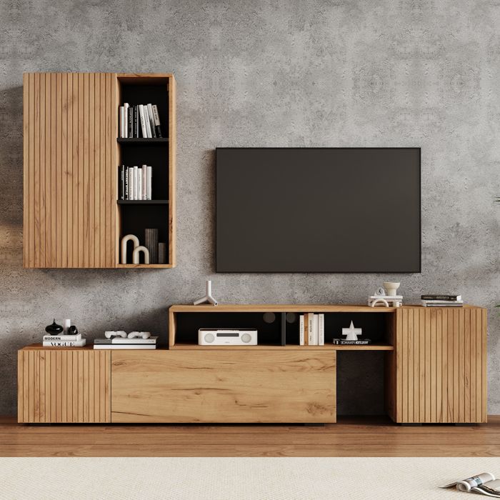 Ensemble meuble TV mural 2 pièces extensible 174-265 cm avec placard mural panneaux de particules chêne et noir