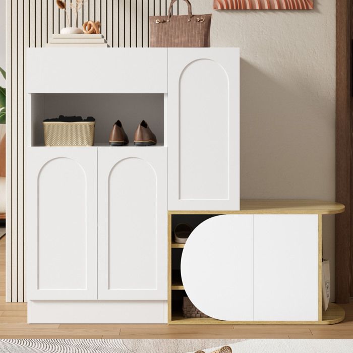 Meuble à chaussures d’entrée avec banc 5 portes 1 tiroir et niche ouverte blanc aspect bois 130 x 35 x 1105 cm