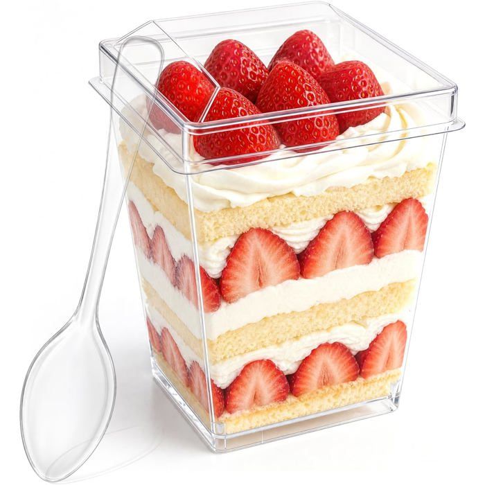 Lot de 50 verrines à dessert 160 ml avec couvercle et cuillère - plastique réutilisable sans BPA transparent empilable