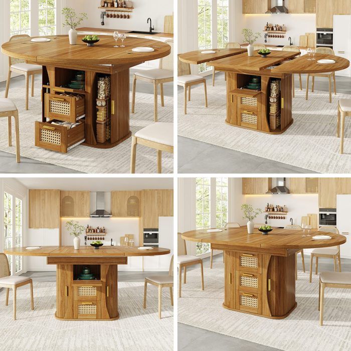 Table à manger extensible ovale 118-158x118x77cm Table à manger ronde 6 personnes avec rangement tiroirs en rotin - marron
