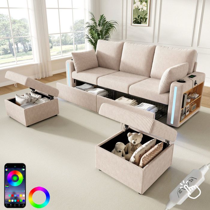 Canapé modulable en U/L Canapé dangle 3 places en velours côtelé avec LED 2 tiroirs 2 poufs 2 porte-gobelets ports USB beige