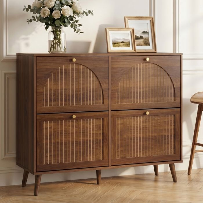 CASABEL Meuble à Chaussures 4 Abattants Armoire à Chaussures Design 24 Paires Style Rétro Meuble Entrée Compact Bois foncé