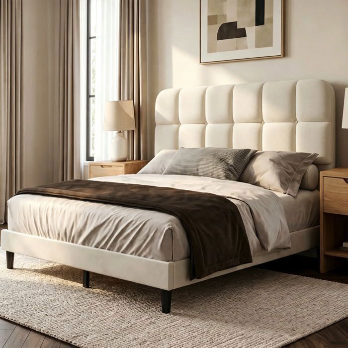 Lit 160x200 cm Patbrela - Cadre de Lit Adulte avec Tête de Lit Ajustable Rangement sous le Lit Velours Beige Montage Facile