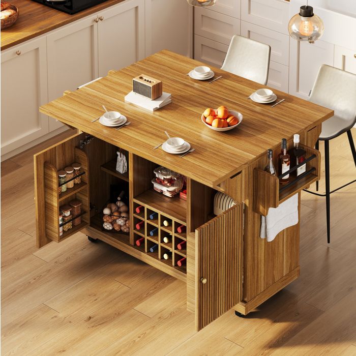Desserte de cuisine mobile avec rallonges pliantes 142 5 x 80 x 95 cm MDF marron fonce avec rangement