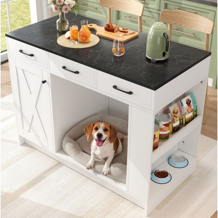 Desserte de cuisine avec 3 Tiroirs Étagère à Épices Étagère Réglable et Espace pour Animal en Bois 120×60×90 cm Blanc