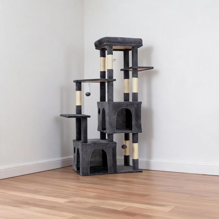 Arbre à chat 157cm – grand perchoir 45x40cm 2 niches 7 griffoirs jouets suspendus – pour chats lourds multi-chats – Gris