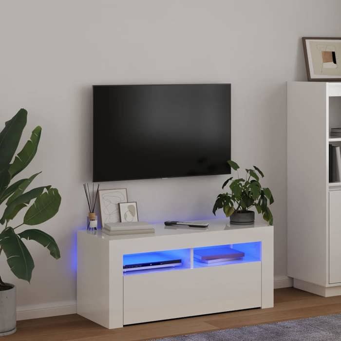 Meuble TV avec lumières LED blanc brillant 90x35x40 cm - Cadre durable - design élégant(15837)