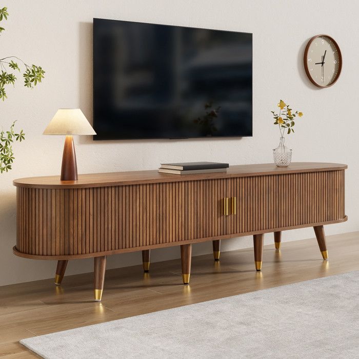 Meuble TV - 175x38x45cm - Banc TV avec Portes Coulissantes à Lattes 2 Tiroirs & Pieds Embouts Dorés - Noyer Foncée