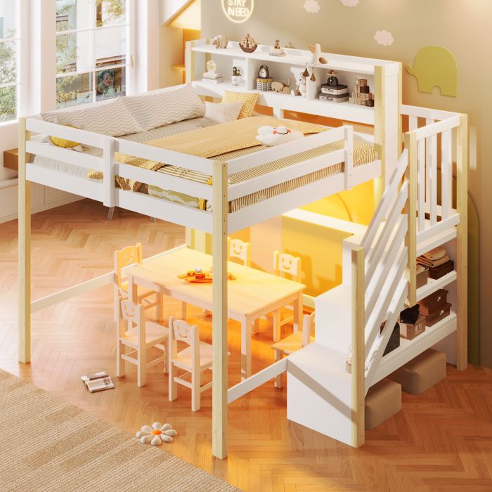 Lit Mezzanine 140x200 avec Escalier de Rangement Lit Surélevé Enfant avec LED Bois Massif Blanc et Nature Sans Matelas