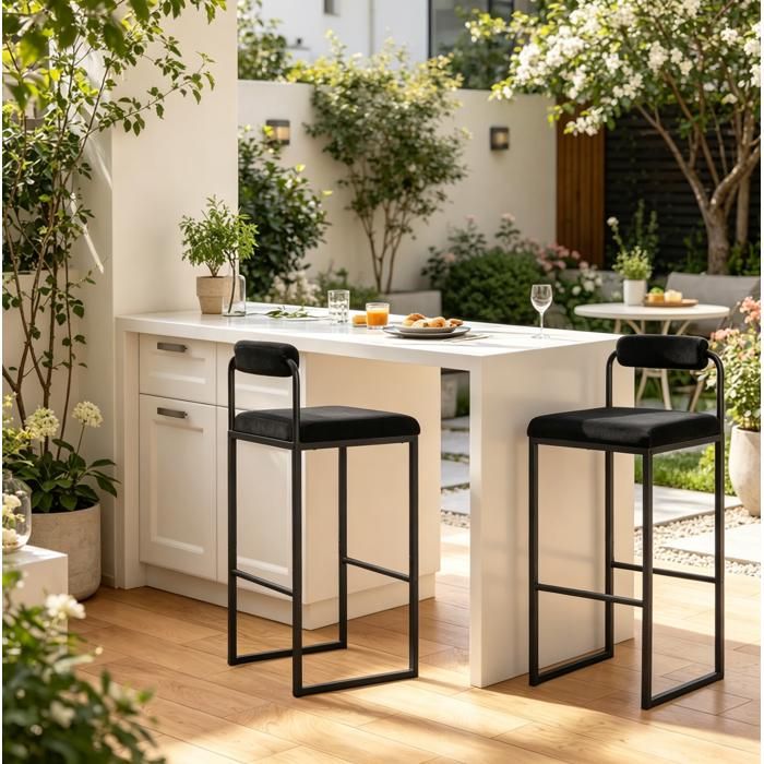 Tabouret de bar avec dossier lot de 2 75 cm velours noir acier assise rembourrée repose-pieds JOINERY Tabouret de bar avec dossier lot de 2 75 cm velours noir acier assise rembourrée repose-pieds JOINERY