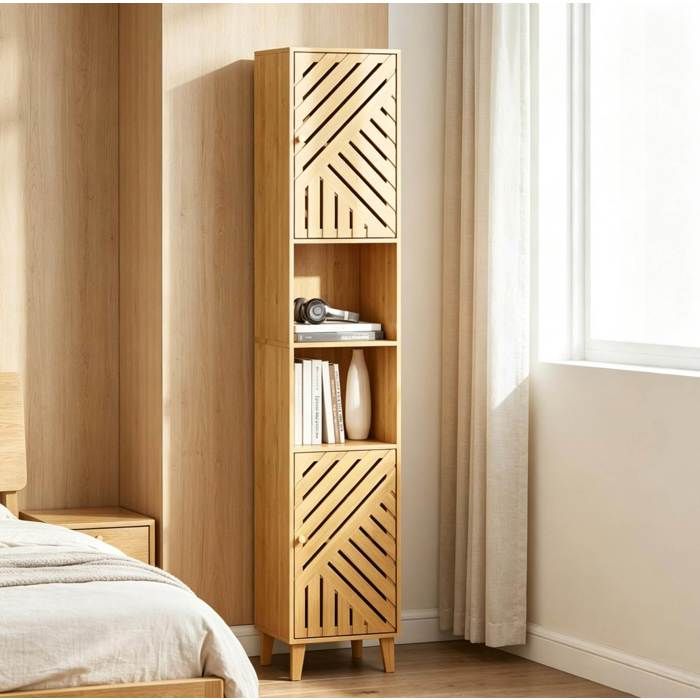 Colonne De Salle De Bain Haute Bois Naturel Meuble Haut Bambou FloraGrace Pour Salle De Bain Montage Requis 32x30x170cm