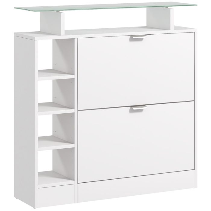 Meuble à chaussures – XVX – 2 tiroirs rabattables et étagère verre – pour entrée – 89x25x92 cm Blanc