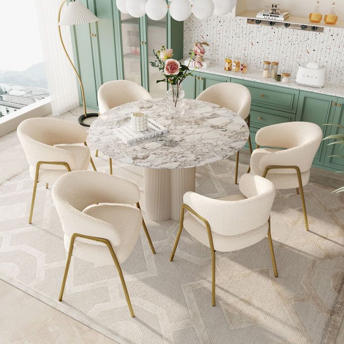 Chaise de salle à manger - Peluche mouton - Blanc - Pieds dorés - Lot de 6