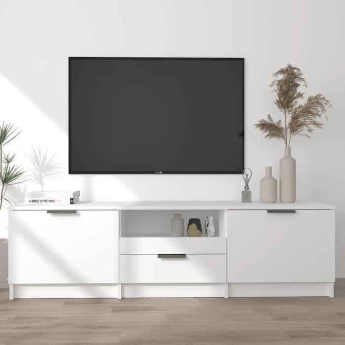 Meuble TV - AKOZON - 140x35x40 cm - Bois dingénierie - Blanc - Tiroir inclus