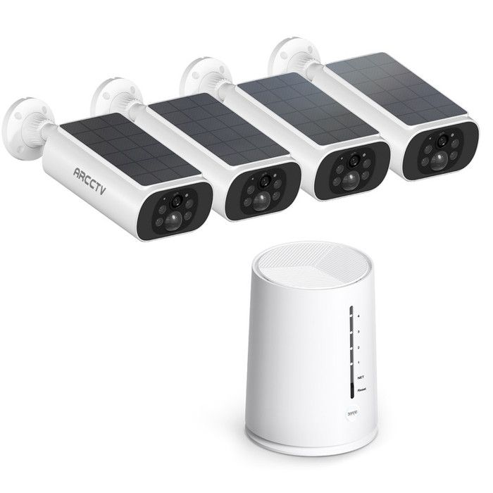 Kit Caméra de Surveillance Sans Fil ARCCTV 4MP Vidéosurveillance+4 caméras batteries solaires+1 station 4CH avec 64GB carte sd