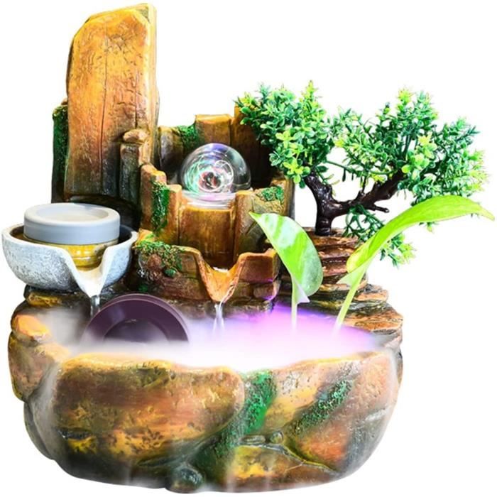 Creative Accueil Décoration De Bureau Cascade Fontaine Zen Méditation Simulation Résine Rockery Statue Feng Shui Ornements Fontaine de Bureau (Color : LED Spray, Size : 220V EU Plug