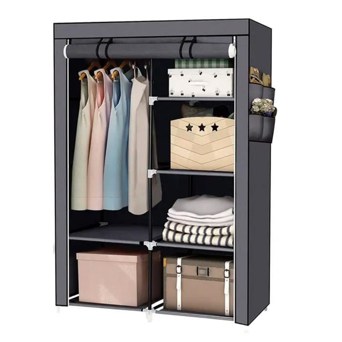 armoire dressing en tissu avec portes zippées et poches latérales nyana home mesure 165x88x45cm gris