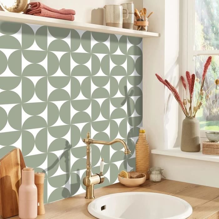 Commomy Credence Adhesive Pour Cuisine Salle De Bain, Mat Vert Sauge, Faux Carrelage Adhesif Mural Cuisine Dalle PVC Adhesive Murale, 10 Pièces, 30 X 30 Cm