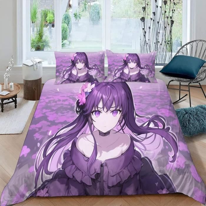 Parure De Lit Anime Japonais Microfibre 140x200 - Motifs Fleurs Cerisier - 3 Pièces Avec Housse Couette Et Taies