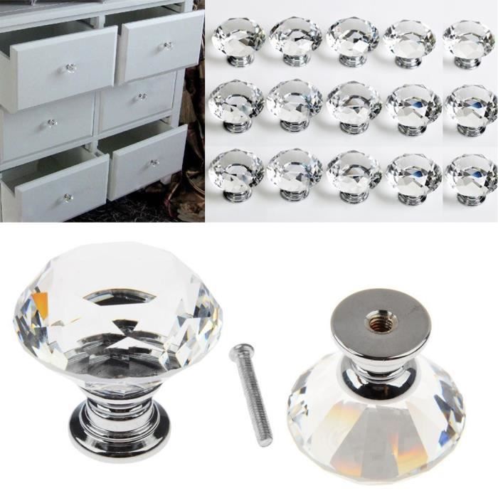 Lot De 8 Boutons De Porte/Tiroir En Verre Cristal – 40 Mm – Pour Meubles – Quincaillerie Déco