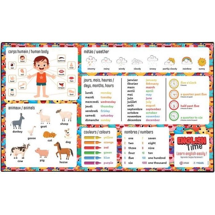 Viquel - Sous main de bureau éducatif enfant pour apprendre l'anglais - Protection de bureau enfant - Noir - Noir