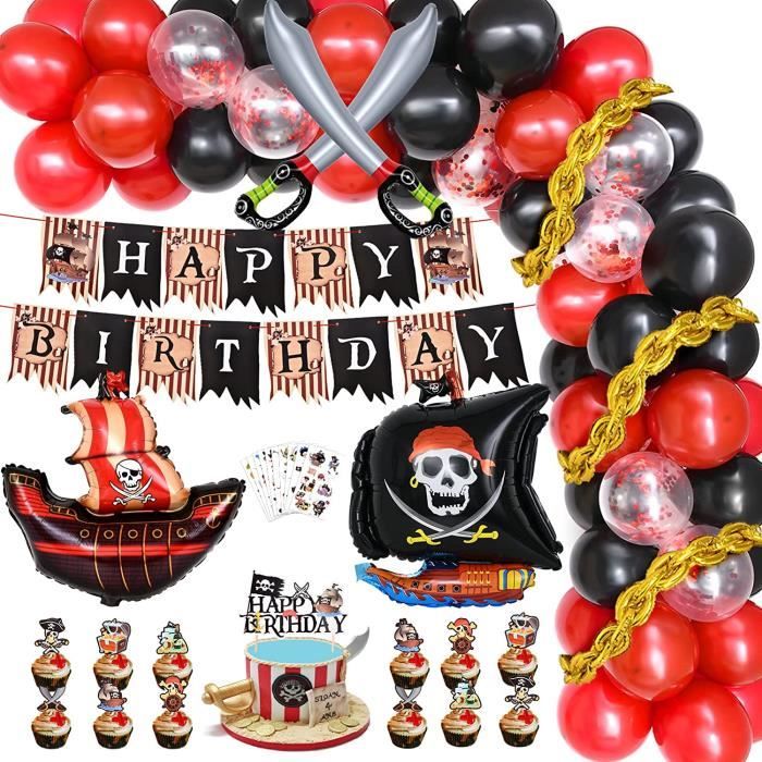 Kit Décoration Anniversaire Pirate Enfant - 84 Pièces Avec Bateau Pirate, Ballons Aluminium, Assiettes, Serviettes - Pour 16 Invités