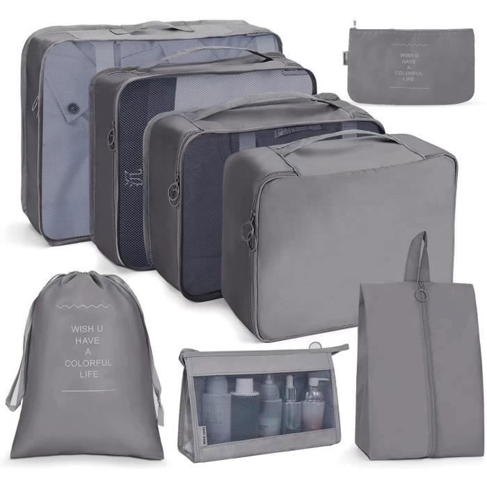 Rangement Valise Organisateur Valise Set de 8 Organisateur Voyage Sac  Postuler à Valises,Cosmetique，Sac à Chaussures (8Pcs-Gris)