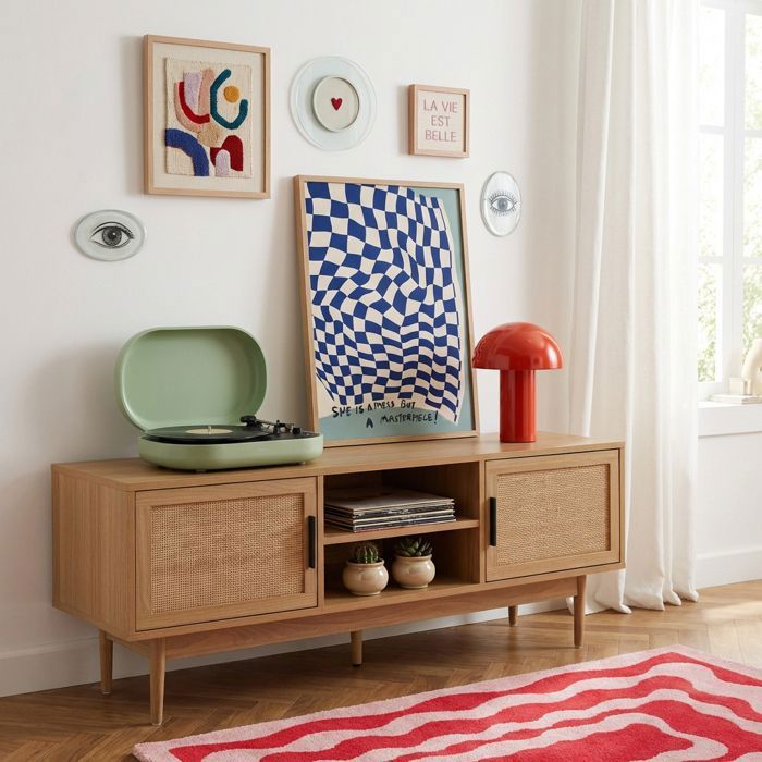 Meuble tv AMANA effet chêne et cannage rotin 130cm Meuble tv AMANA effet chêne et cannage rotin 130cm