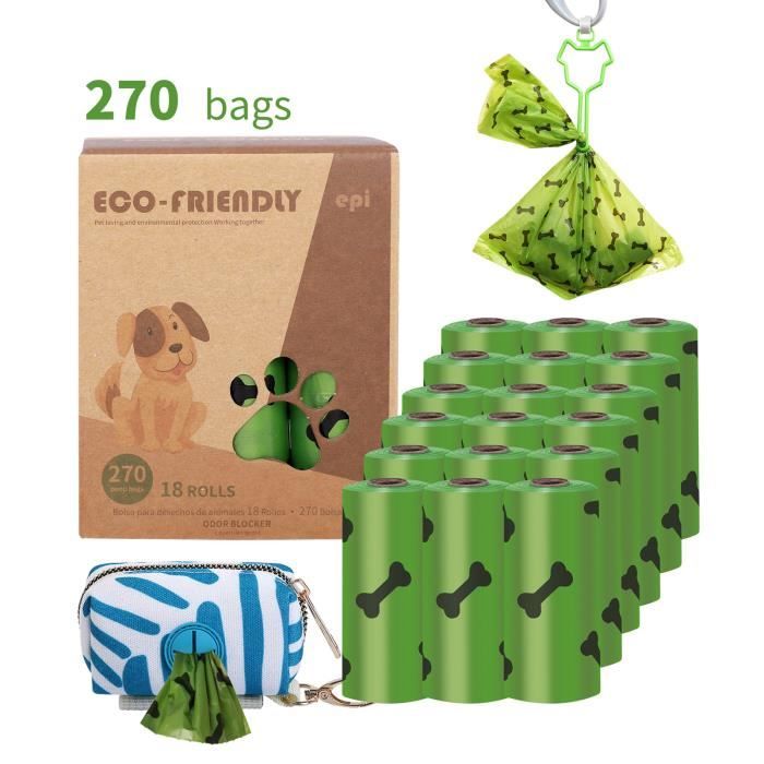 270 sacs à crottes de chien + nouveau distributeur de paquets de couleurs + clip, sûrs et respectueux de l'environnement, très