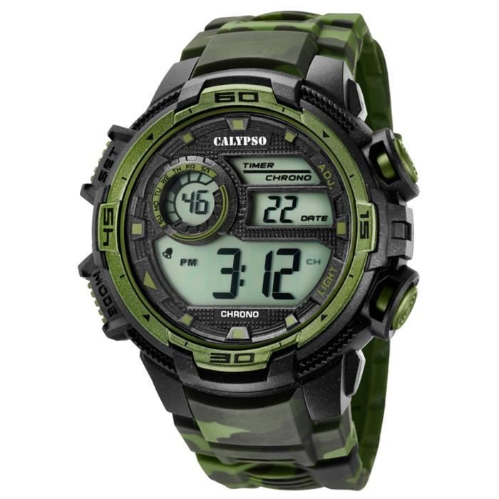 calypso montre homme digital for man digital quartz bracelet plastique pu noir vert uk5723-2