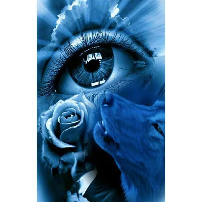 Kit Complet Peinture Diamant Carré 40x50cm - Loup Aux Yeux Bleus - Diamond Painting DIY Loup Brillant
